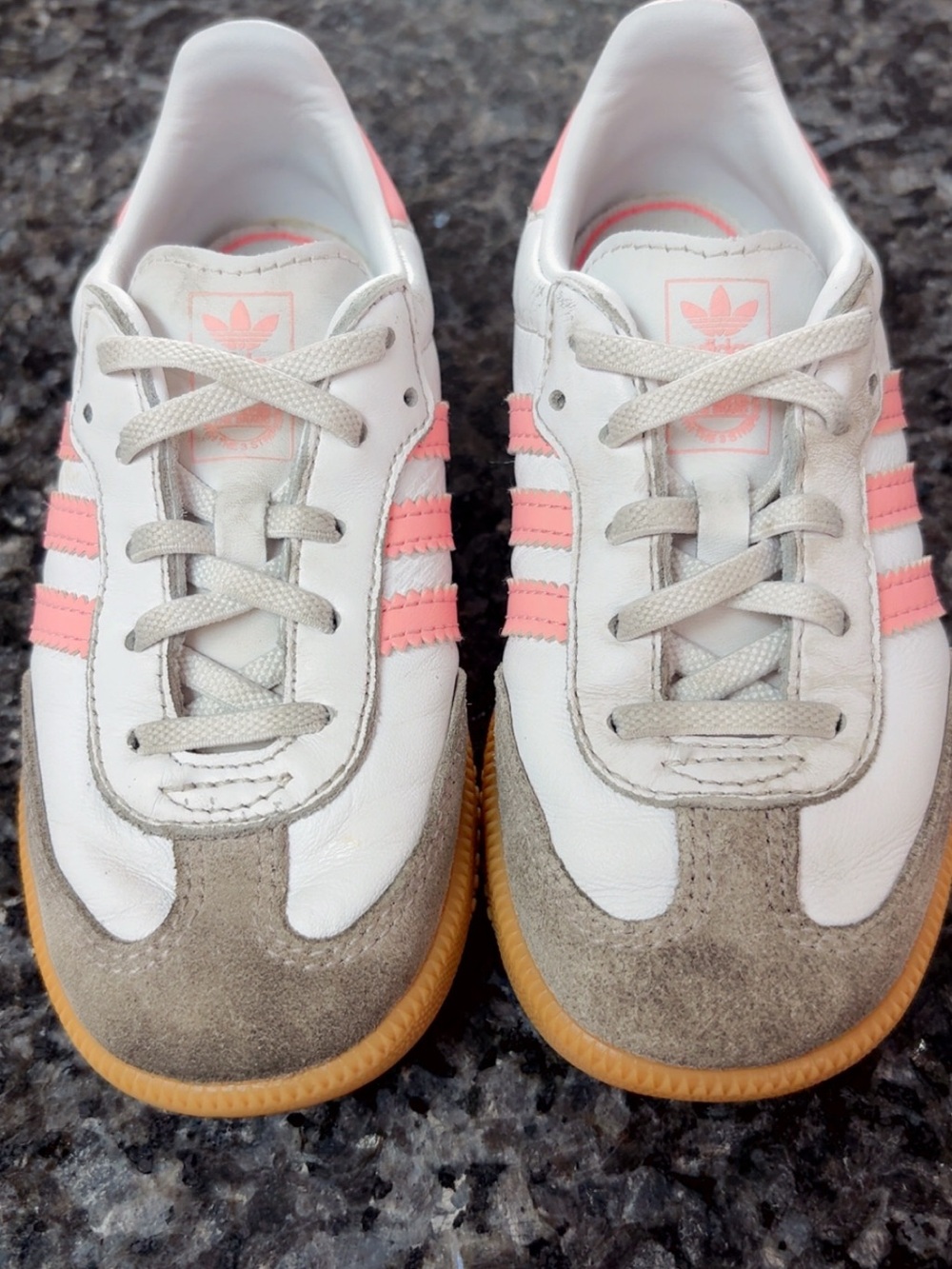 adidas Kids White Pink Sneakers with Tan Suede Toe